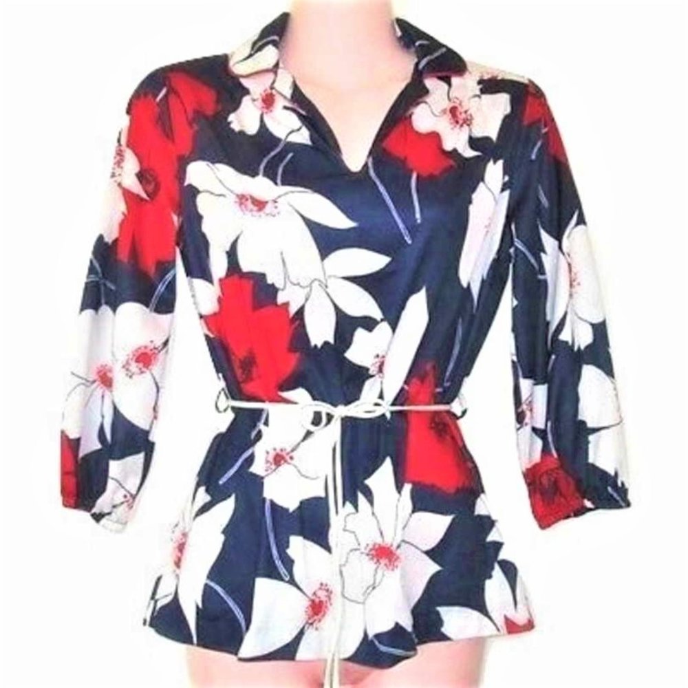 70s vintage red white blue floral shirt size small